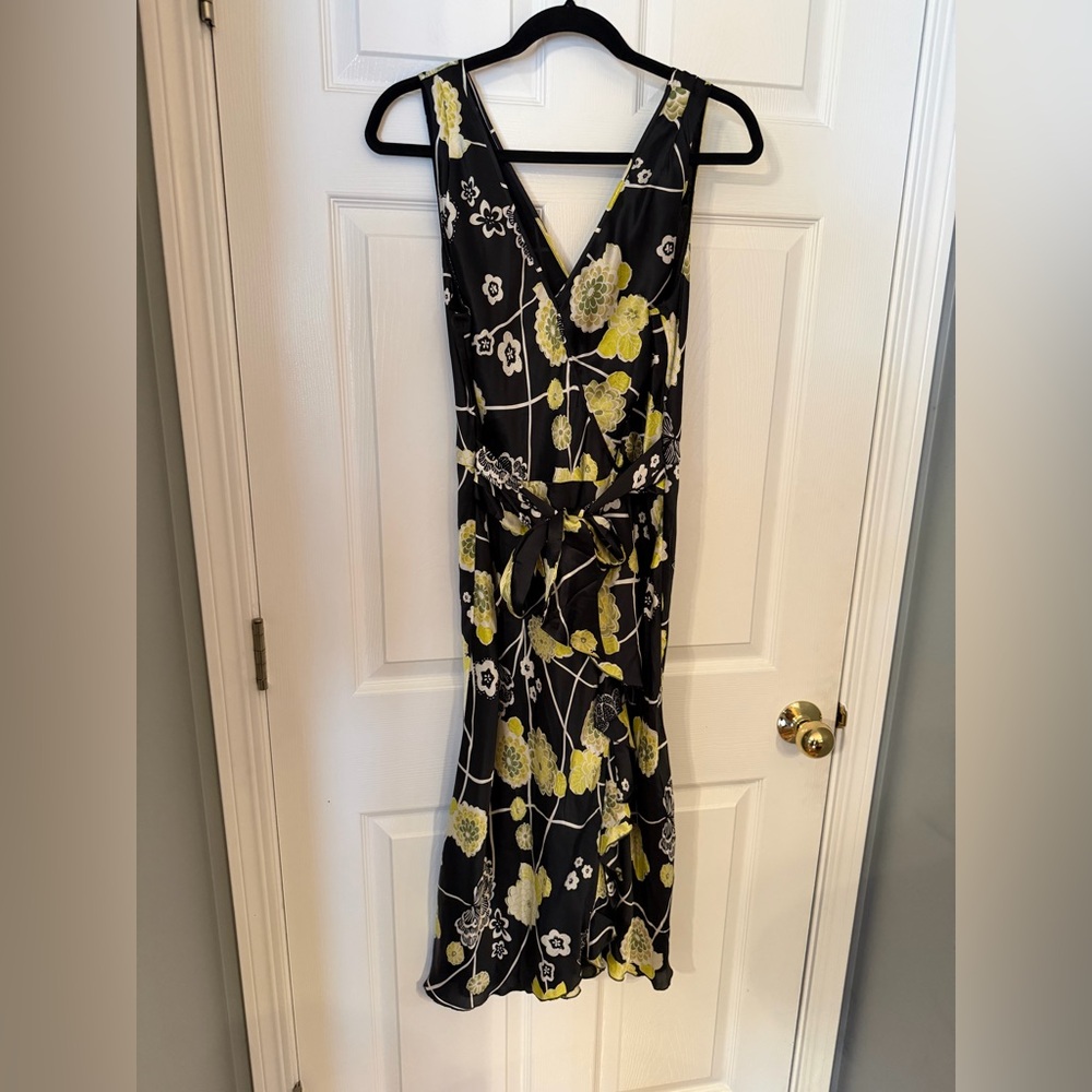 Silk Floral Midi Dress in Black and Lime Green